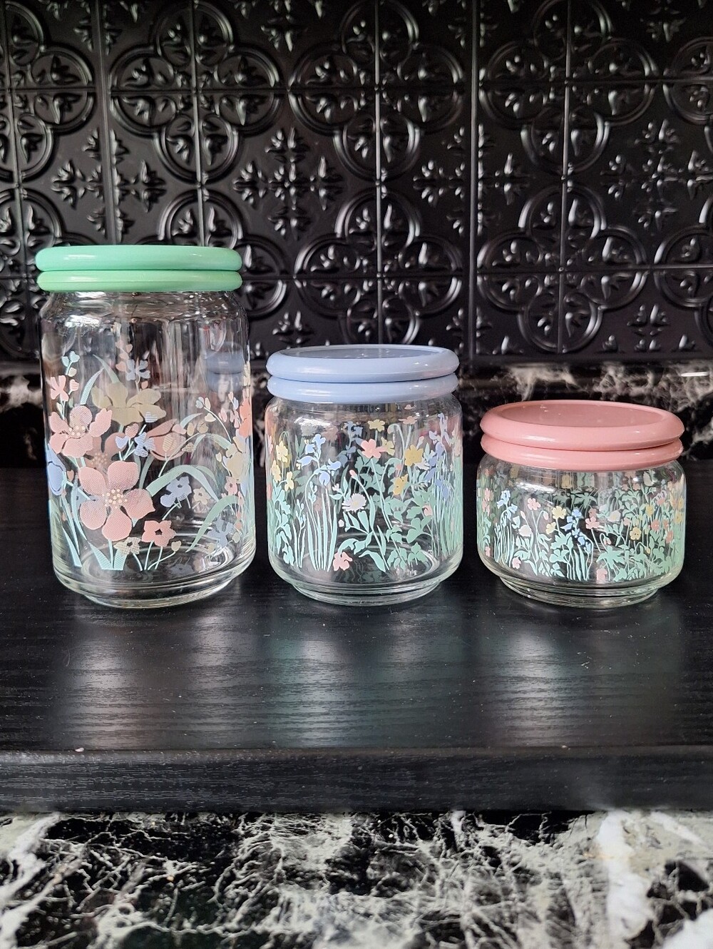 Set of 3 Pastel Floral Wildflower Jars, Kitchen Storage Jars,